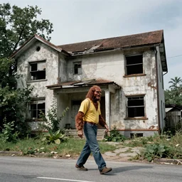 1 9 7 0 s photography, carnage monster by marvel walking outside old abandoned house