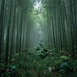 bamboo forest, lot of exotic vegetation, trees, flowers, dull colors, in the foggy huge forest, by junji ito, hyperrealism, intricate detailed