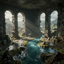 tiled room squared waterway, aqueducts, octane render, artstation trending, horror scene, volumetric lighting, highly detailded