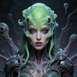 beautiful woman fused with slimer, lovecraft, android, cosmic entity, the thing, the blob, portrait, intricate details, by vincent di fate, artgerm, julie bell, beeple and Greg Rutkowski, 80s, concept, Smooth gradients, octane render, 8k, High contrast, duo tone, depth of field, very coherent symmetrical artwork