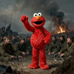 A photo of elmo giving the troops a speech after long years of war, suffering, dark, historical moment, emotional, impressive, by Vasily Vereshchagin