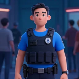 close - 3 d, the guy, apparently works in the police. uniform, bulletproof vest, blue t - shirt. the dollar icon is on it. scanned people and determine that a couple of people have blue blood or is it shallow energy ( psykers ), night, art house, up - evening, 2 k