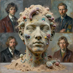 a sculpture portrait made of bacteria and dust and molecules and atoms, painting part by wojciech siudmak, part by ilya repin, part by max ernst, part by norman rockwell, artstation