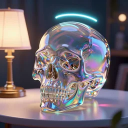 a glass skull filled with liquid waves on a white table with a Pixar lamp next to it, vintage, neon, iridescent, smooth, sharp focus, high detail, deviantart, artstation, halo, octane render, cinematic, hyper realism, 8k, depth of field, bokeh, art by Tooth Wu and wlop and beeple and dan mumford and greg rutkowski