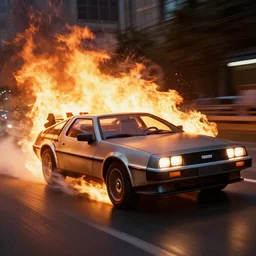 photograph of a delorean driving fast engulfed in flames, cinematic, volumetric lighting