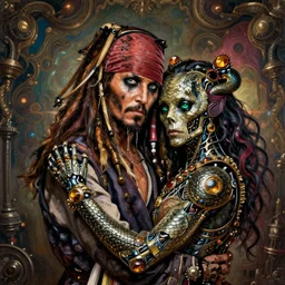 dead cyborg Johnny Depp as Jack Sparrow embraced by passion, full body portrait, insane avant-garde professional hair style, dramatic hair color, fully tattoed mechanical snake skin, emerald eyes, amber jewels, ornate clothing, baroque digital painting, epic cinematic, steampunk sci-fi, psychedelic, realistic, hyperdetailed, chiaroscuro, concept art, art by Jon Foster and Michael Whelan and Amano and Karol Bak