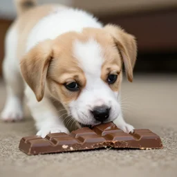 a puppy dog chewing on a bar of chocolate