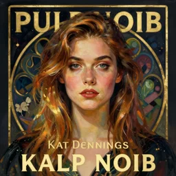 A Pulp Noir book cover featuring a portrait of featuring Kat Dennings looking at camera, medium close up, by Alphonse Mucha