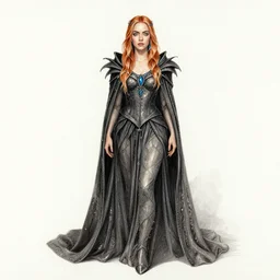 hyper realistic pencil drawing of emma stone full body portrait, water color, as an eldritch princess, cloak, fantasy, dark, stunning, detail, sharp