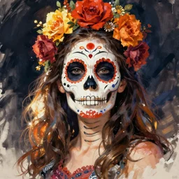 Illustration of a sugar skull day of the dead girl, art by virgil finlay