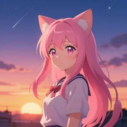 A beautiful anime cat girl with pink hair, rule of thirds, digital art, iphone wallpaper, cgsociety, trending on artstation, sunset backgroung with shooting stars in the sky