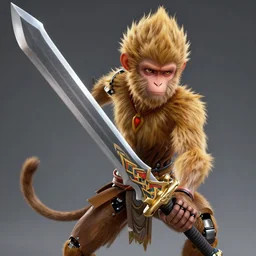 A robotic monkey boy with tan human face, long blonde wavy anime hair weilding a giant sword, unreal 3 render engine