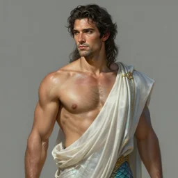 photo portrait of ian bohen as a merfolk greek god, dark hair, dressed!!! toga, masculine, mature, handsome, upper body, muscular, shiny skin, fantasy, intricate, elegant, highly detailed, digital painting, artstation, concept art, smooth, sharp focus, illustration, art by gaston bussiere and greg rutkowski