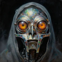 a neoclassicist close - up portrait of a big - eyed mf doom reptile eyes, with glowing cloaked in metal with glowing bubbles. iridescent and reflective alien technology. foggy black background, highly detailed science fiction painting by norman rockwell, frank frazetta, syd mead and moebius. rich colors, high contrast, gloomy atmosphere, dark background.