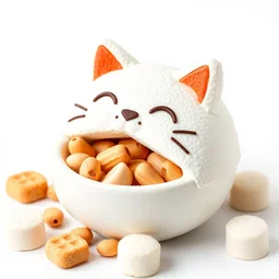 cat food designed by squishmallows, high res photo, white backdrop