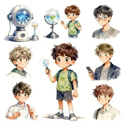 game asset of sketches watercolor of a boy inventer super scientest by Stanley Artgerm Lau, WLOP, Rossdraws, James Jean, Andrei Riabovitchev, Marc Simonetti, and Sakimichan, tranding on artstation , assets