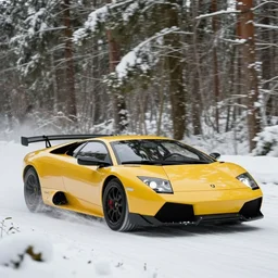 a 2 0 0 7 lamborghini murcielago lp 6 4 0, racing through a rally stage in a snowy forest
