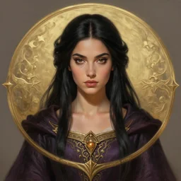 head-on symmetrical centered painted portrait, Maya Ali as a D&D wizard, black hair, medieval robes, fantasy, intricate, elegant, highly detailed, digital painting, smooth, sharp focus, illustration, artstation, in the style of James Jean and Wayne and Artgerm and Anna Podedworna