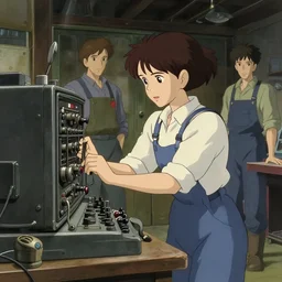 a film still of a 1 9 5 0's mechanic girl working on a giant computer, finely detailed features, full body mid shot, perfect art, in the garage, gapmoe yandere grimdark, trending on pixiv fanbox, painted by gaston bussiere, makoto shinkai, akihiko yoshida, gaston bussiere, craig mullins, studio ghibli