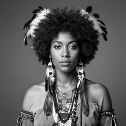 extremely detailed eyes, photo of beautiful young black woman with afro, with feathers in hair, wearing native american clothing, black and white, jose vagara, photographed by thomas easterly, full body in frame,