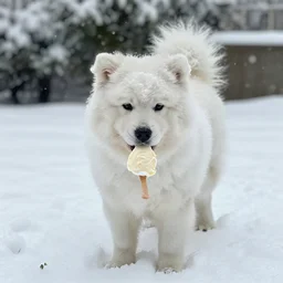 snowy dog covered in snow eating icecream