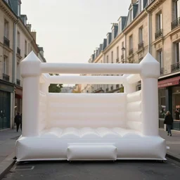 huge white adult bouncy castle playground on the paris street, between houses, style by anish kapoor, parts by shih chieh huang, warm soft light, shallow depth of field realistic, 8 k, hyperrealism, subsurface scattering, raytracing