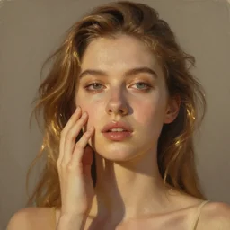 portrait of a beautiful sedutive woman with three eyes, oil panting, golden hour