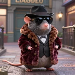 anthropomorphic gangster rat on a catwalk wearing a velvet fur coat, wearing sunglasses and a hat, slightly chubby, detailed, 3d render, 4k, pixar