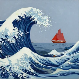 Giant threatening beautiful Rolling waves, with a distant, dull red sailed yacht in the style of Jackson  Pollack, with lots of stumbling, stumbled thick oil paint and painted in a style of painting similar to Van Gogh but more impasto and less hatching