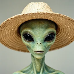 A closeup film photography of an Alien wearing straw hat, photo bySlim Aarons, award winning, 4K