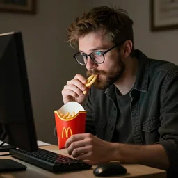 guy on acid with glasses and a short scruffy beard trying to fix a computer while eating mcdonalds