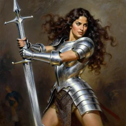 A Frank Frazetta oil painting of a beautiful muscular Salma Hayek wearing silver armor holding excalibur , dynamic shot , HD 4k , intricate , highly detailed , atmospheric , sharp