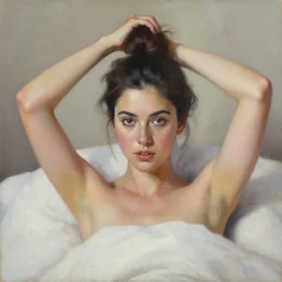 beautiful portrait painting of a woman posing in an artistic pose holding her hair bun over a bed, by jeremy mann, only one head single portrait