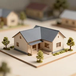 architectural model, 3 d render, ground level camera, tilt - shift lens, two point perspective, house