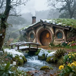 inside a medieval hobbit home, ornate, beautiful, atmosphere, vibe, mist, smoke, chimney, rain, wet, pristine, puddles, waterfall, melting, snow, creek, lush, ice, bridge, forest, flowers, akihiko yoshida, james jean