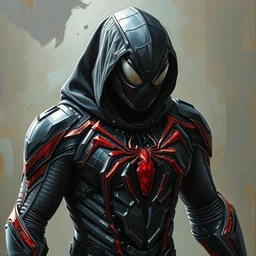 hybrid of a bulky stealth suit and spider - man, photorealistic oil painting, hyperdetailed, realistic