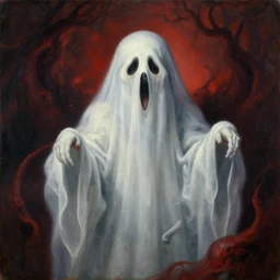 Beautiful portrait painting of a ghost having a delightful dream of hell, oil on canvas, very detailed, by Jean Delville, 4k, existential horror