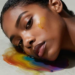 very beautiful woman, face submerged in colorful oils, dark skin, realism, extreme detail, real life, soft light, volumetric light, 3 d shadows, james jean, photoshoot