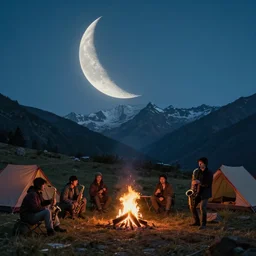 a very high resolution image from a new movie. an half moon in the mountains while people are camping. camp fire, playing sax 2 4 mm, photorealistic, photography, directed by wes anderson