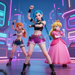 a girl like (jinx, Princess peach), dancing, background cyberpunk city, kpop, fullshot, photo, raytrayced, octane render,volumetric lighting, epic composition, intricate details, dark neon punk, by KDA