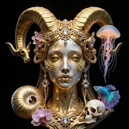 fully black background. background hex 000000. goddess princess face close-up portrait ram skull. sculpture made of gold and decorated with brilliants. jellyfish phoenix head, nautilus, orchid, skull, betta fish, bioluminiscent creatures, intricate artwork by Tooth Wu and wlop and beeple. octane render, trending on artstation, greg rutkowski very coherent symmetrical artwork. cinematic, hyper realism, high detail, octane render, 8k
