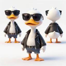 cartoonish anthropomorphic duck using sun glasses and biker clothes, character sheet, fine details, concept design, front view, back view, ultra wide angle