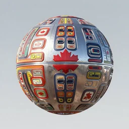 a giant ((((metallic)))) floating sphere covered in canadian colorful aboriginal patterns!! hovering above a Yukon lake, (painted by Ralph McQuarrie), matte painting, very detailed, 7000 Kelvin, concept art
