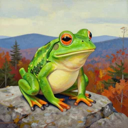 portrait of pepe tge frog hiking franconia ridge new hampshire in autumn, artwork by etel adnan