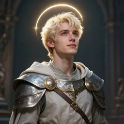 Portrait of a young Aasimar man wearing a war cleric's garb with short platinum blonde hair a kind face a halo of light and a distantly hopeful expression, cinematic lighting, detailed, beautiful, illustration by Greg Rutkowski, Andrei Riabovitchev Jean Giraud Tom Anders Zorn, Edward Hopper and Ilya Kushinov, Frederick Bacon, Tom Anders Zorn, John Collier, Vladimir Abat-Cherkasov