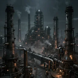 futuristic dystopian endless industrial megafactory complex, smokestacks, pipelines and ducts and vents, matte painting, steampunk, smoke, night, gloomy, dark, dramatic, cinematic, volumetric lightingelevated view