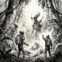 alien civilizations building, new world discovery in mysterious jungle, ink sketch by space explorer