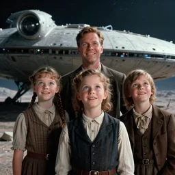 extremely sharply detailed, scan from blockbuster 9 6 k sci fi color movie freeze frame, set 1 8 6 0, family standing in front of crashed spaceship, on alien planet, looking happy, wearing 1 8 5 0 s era clothes, atmospheric lighting, in focus, reflective eyes, 9 9 9 9 9 9 mm macro lens, live action, nice composition and photography, clear faces