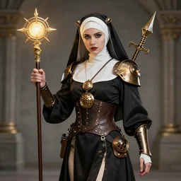 photo of a steampunk nun warrior with holy weapons