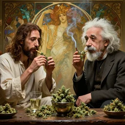 jesus christ and albert einstein are smoking weed, drunk, in the afterlife, wholesome, octane render, hyperdetailed, beautiful, art, by greg rutkowski, mars ravelo, wlop, alphonse mucha, in the style of artstation